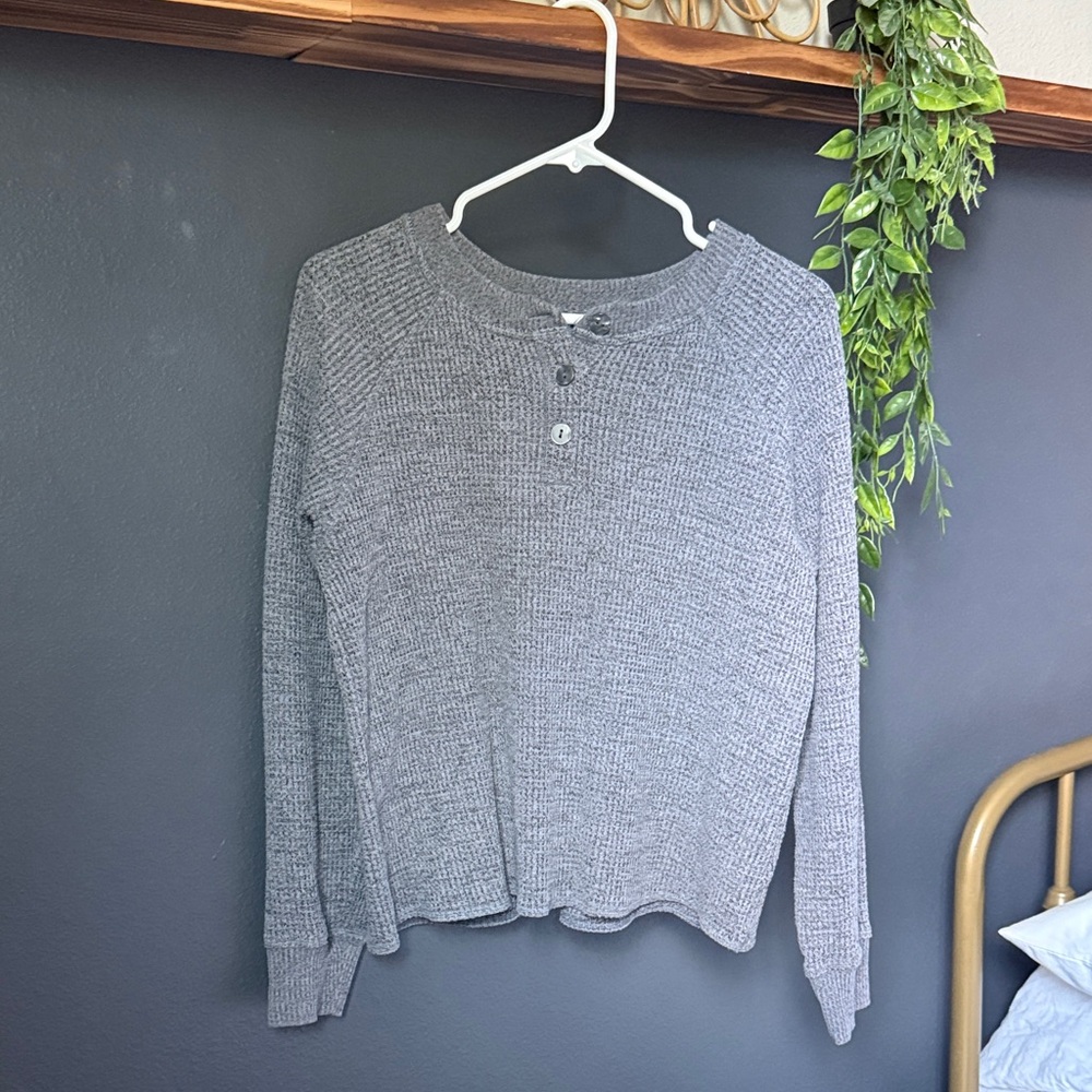 Gray Waffle Knit Long Sleeve Henley